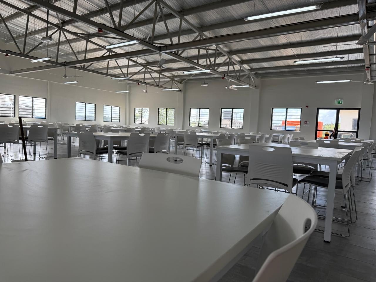 Large staff breakroom with tables and chairs