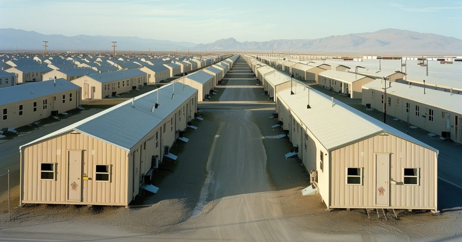 Aerial view of long rows of modular accommodation blocks at a remote camp