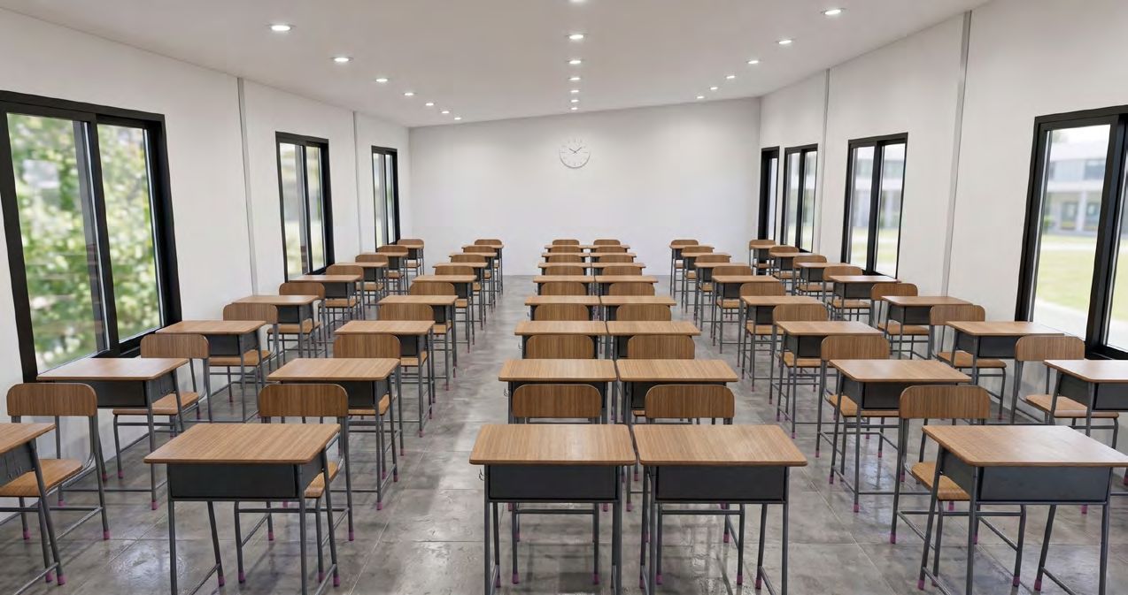 Interior of a double classroom with paired desks facing the board