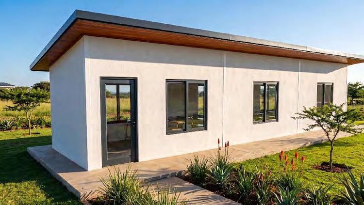 Single white modular classroom with glazed door and windows in a planted courtyard