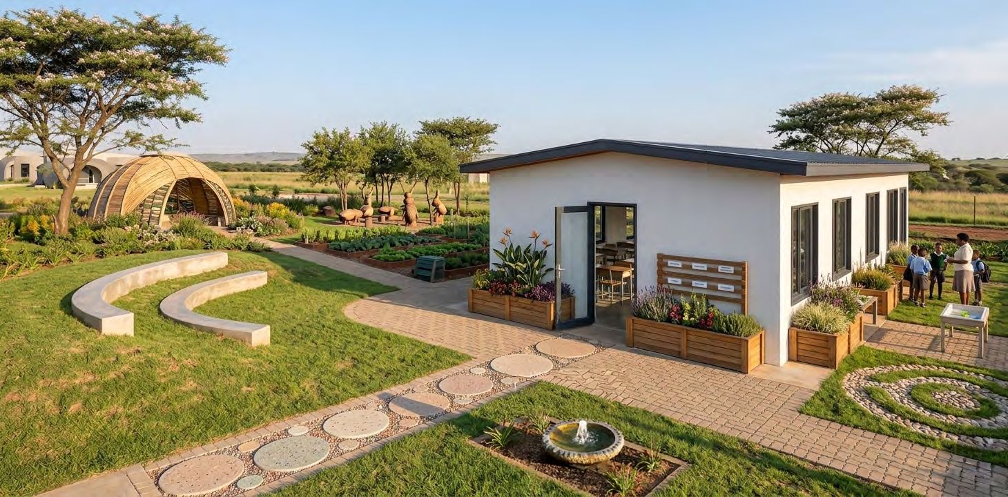 Triple classroom module with planters, open door and learners outside
