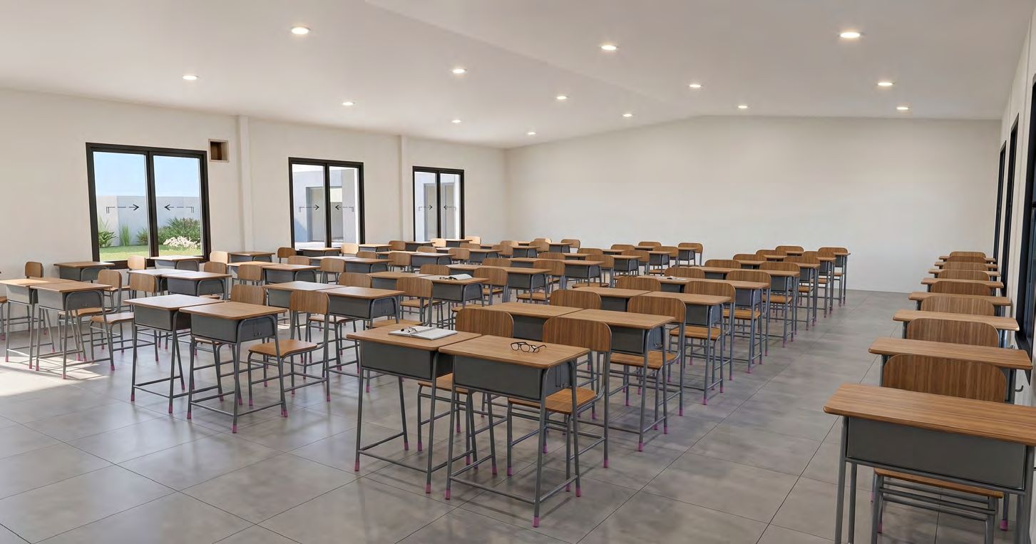Interior of a triple classroom with 64 desks under recessed lighting