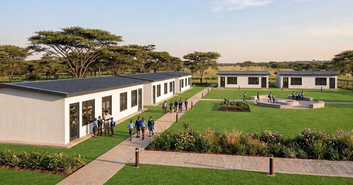 Campus of white modular classroom blocks with learners walking between them