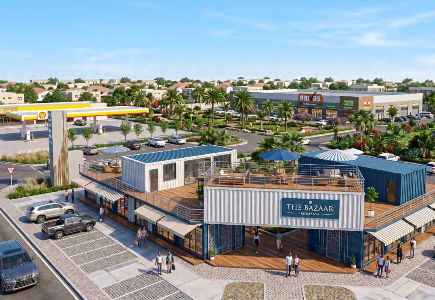 Architectural visualisation of The Bazaar, with a container retail plaza, terraces and a service station