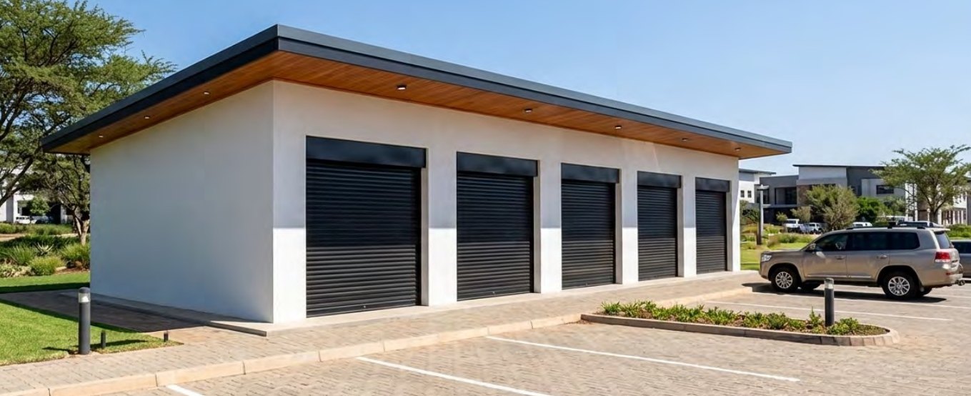 Double shop module with roll-up shutters and parking