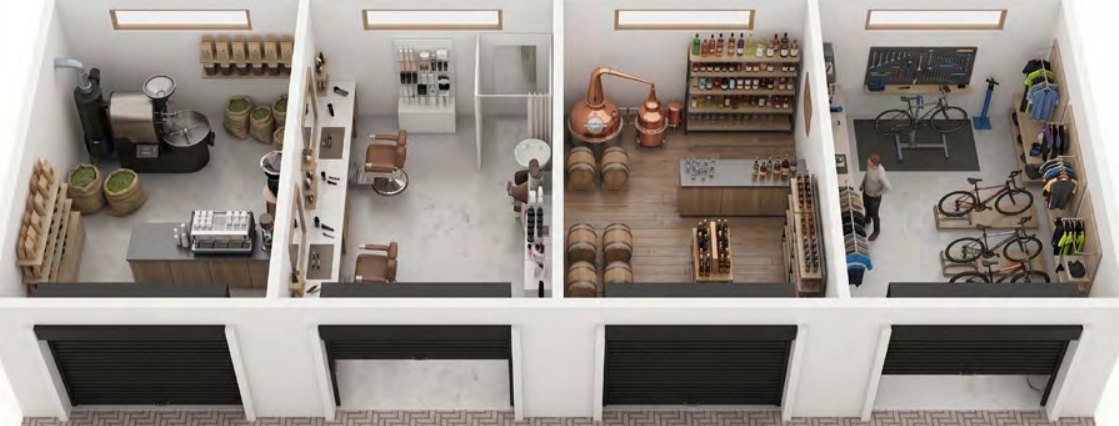 Cutaway of four fitted-out shop units
