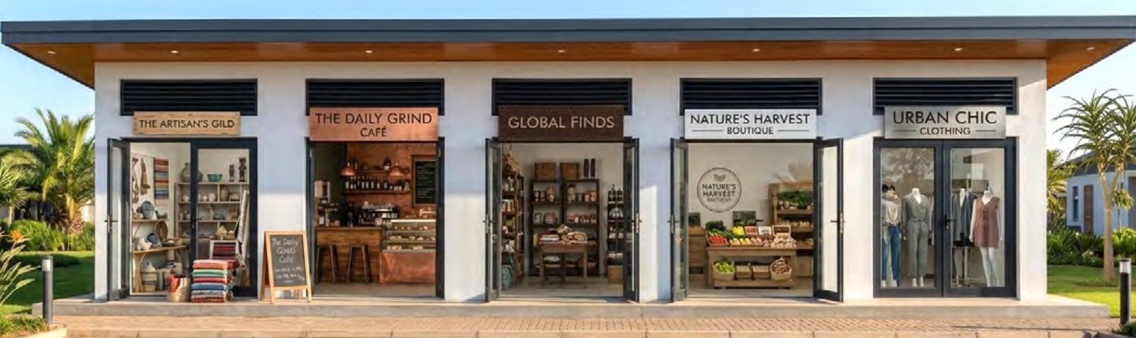 Row of boutique shopfronts including a café, deli and clothing store