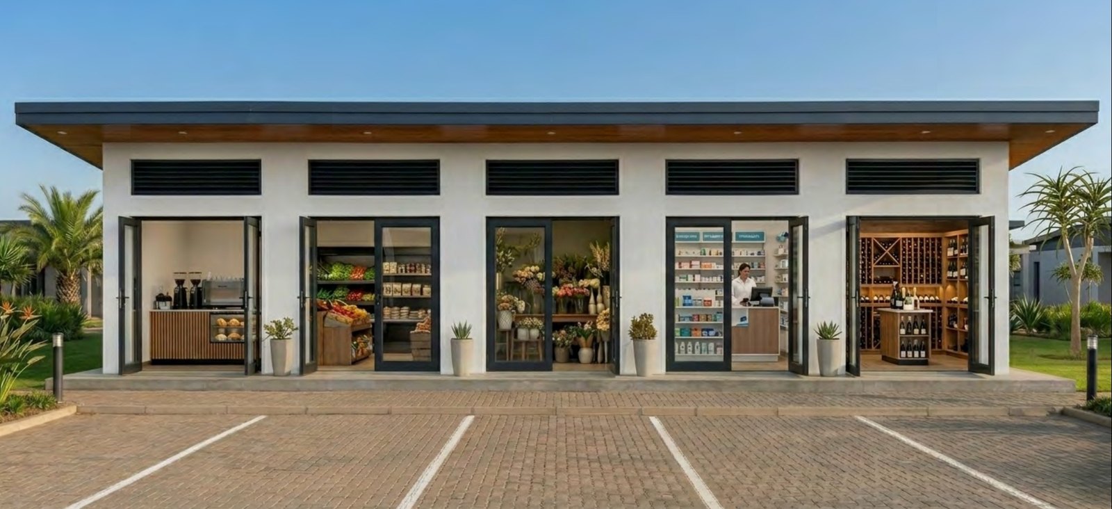 Modular retail building with glazed shopfronts and parking
