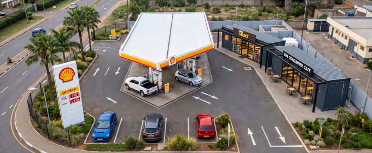 Brochure visualisation of an integrated fuel forecourt and modular retail development