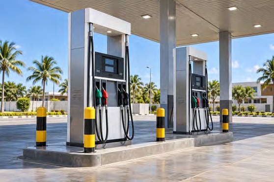 Dispensing pumps beneath a service station canopy, as illustrated in the brochure