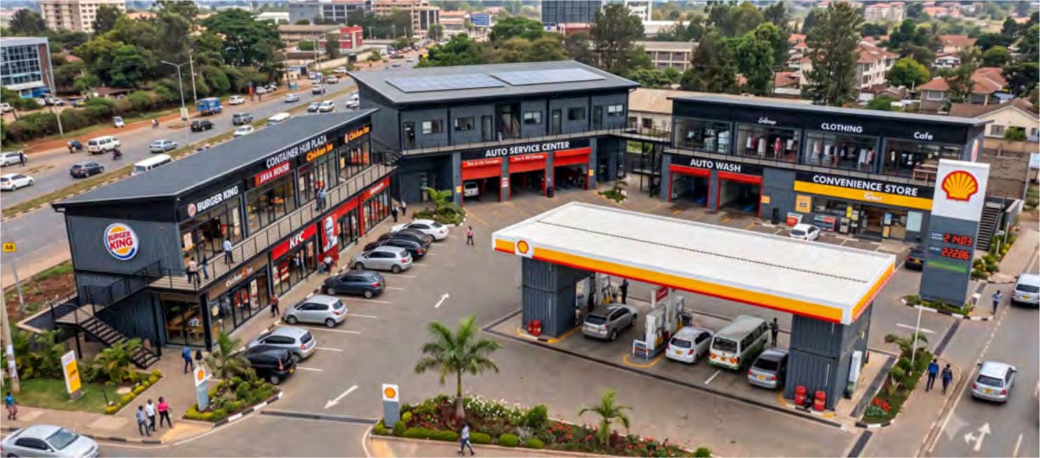 Brochure image of a two-storey retail plaza surrounding a service station