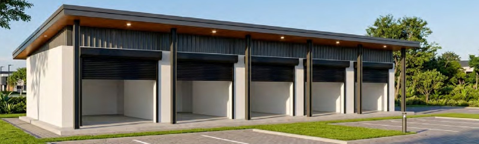 Single shop module with five roll-up shutters and covered walkway