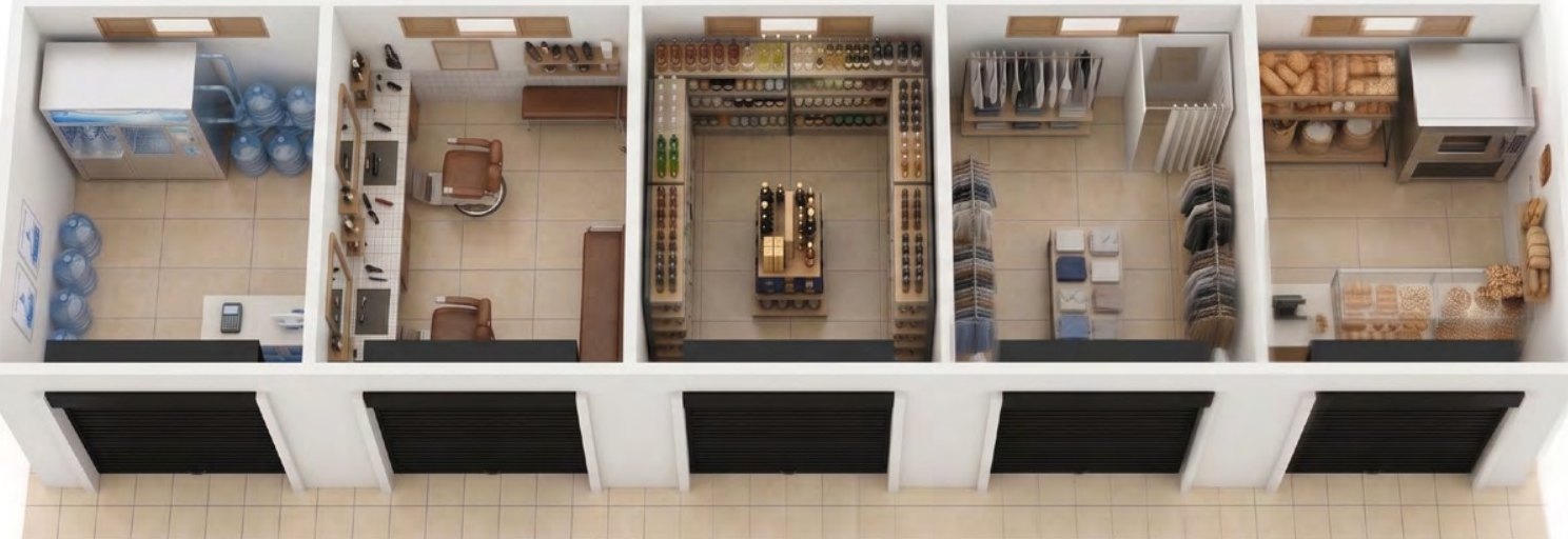 Cutaway of five fitted-out shop units