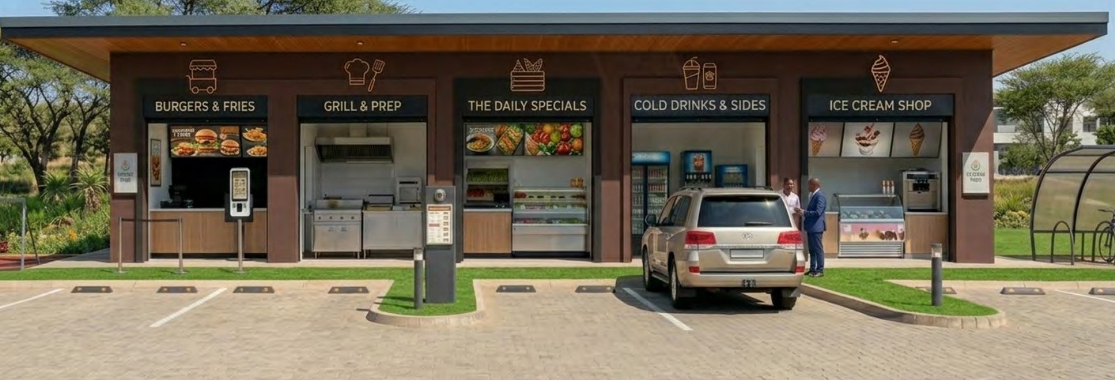Food court shopfronts with burger, grill, daily specials, drinks and ice cream counters