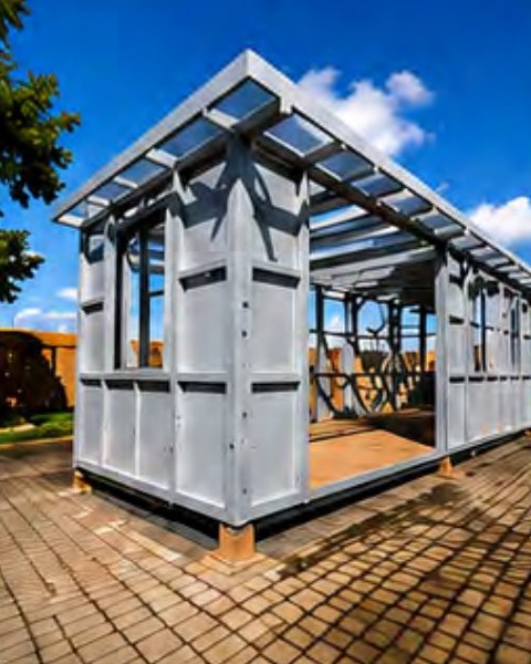 Engineered steel frame of a shop module before cladding