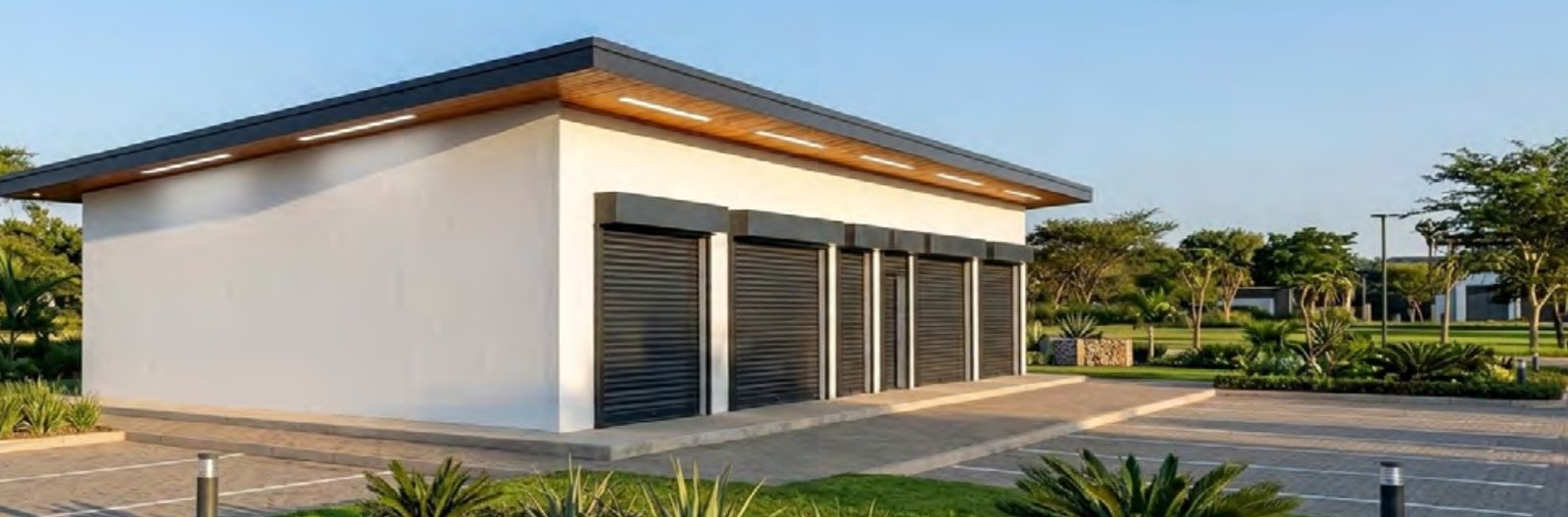 Triple shop module with roll-up shutters