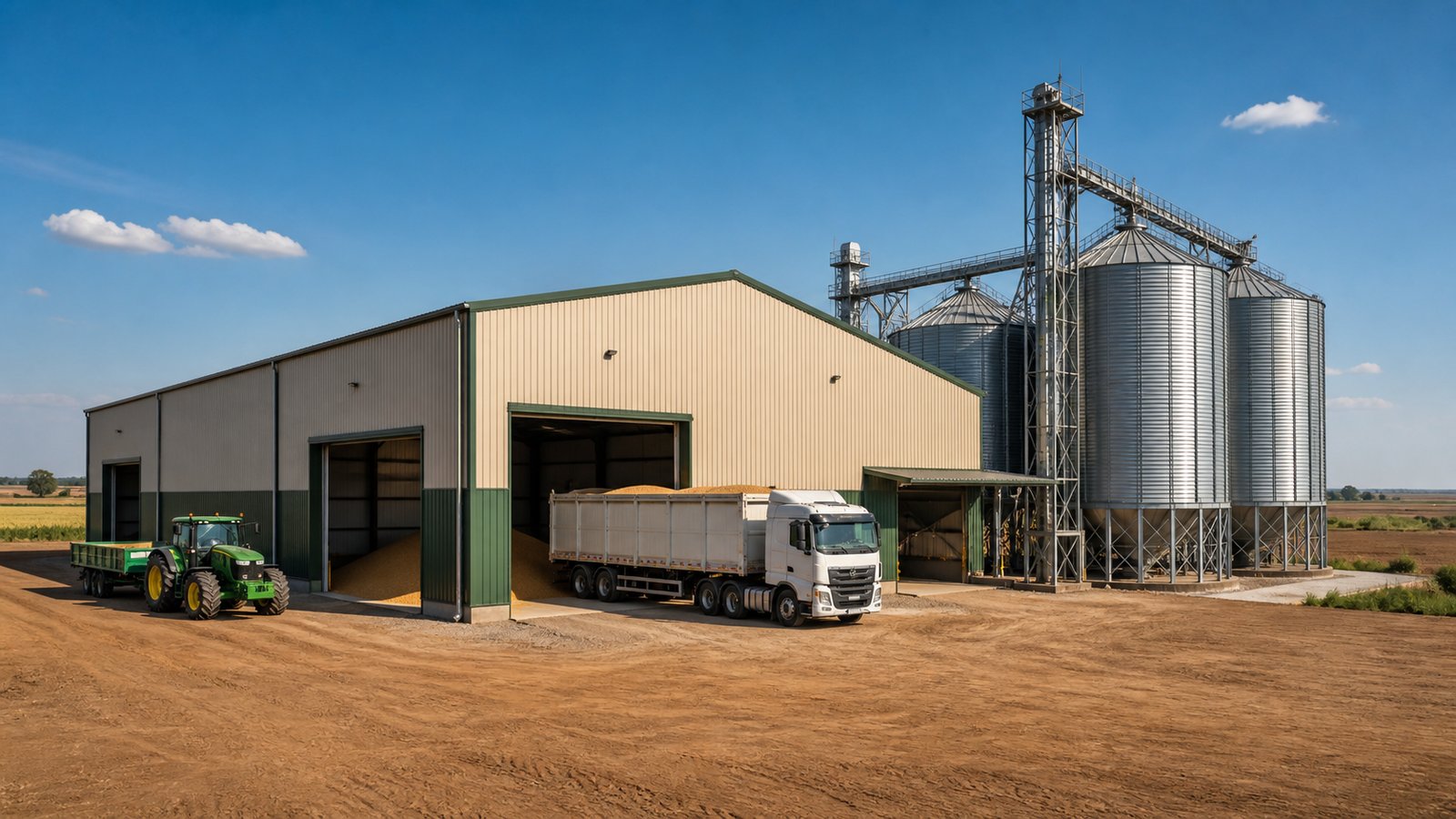 Steel grain store with silos, tractor and truck
