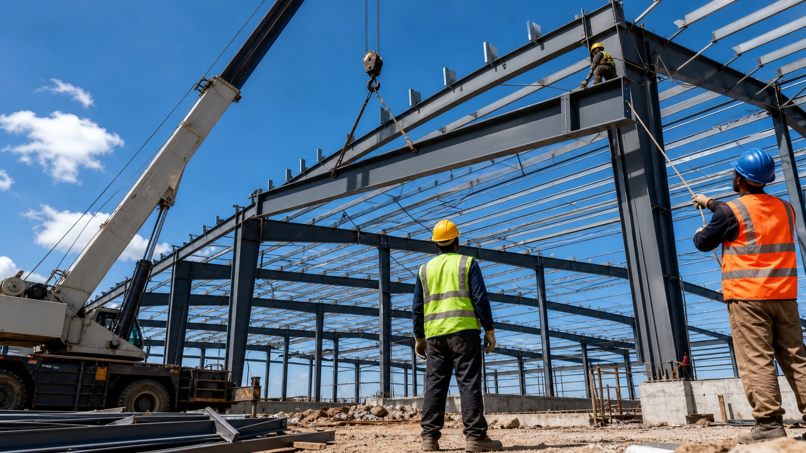 Crane erecting a steel portal frame as engineers look on