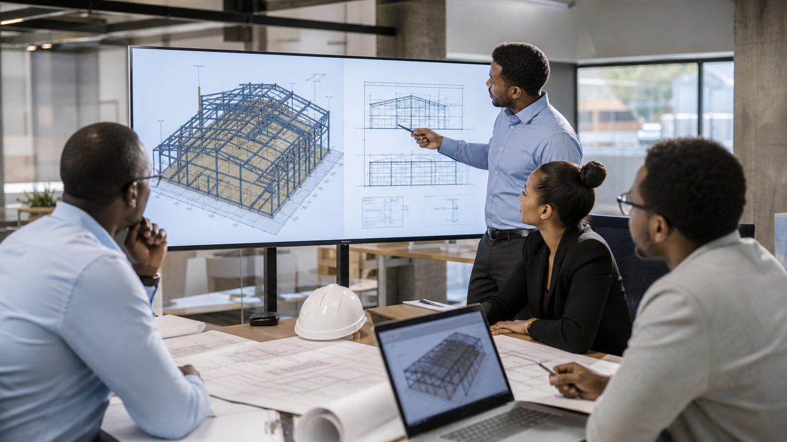 Design team reviewing a 3D steel warehouse model on screen