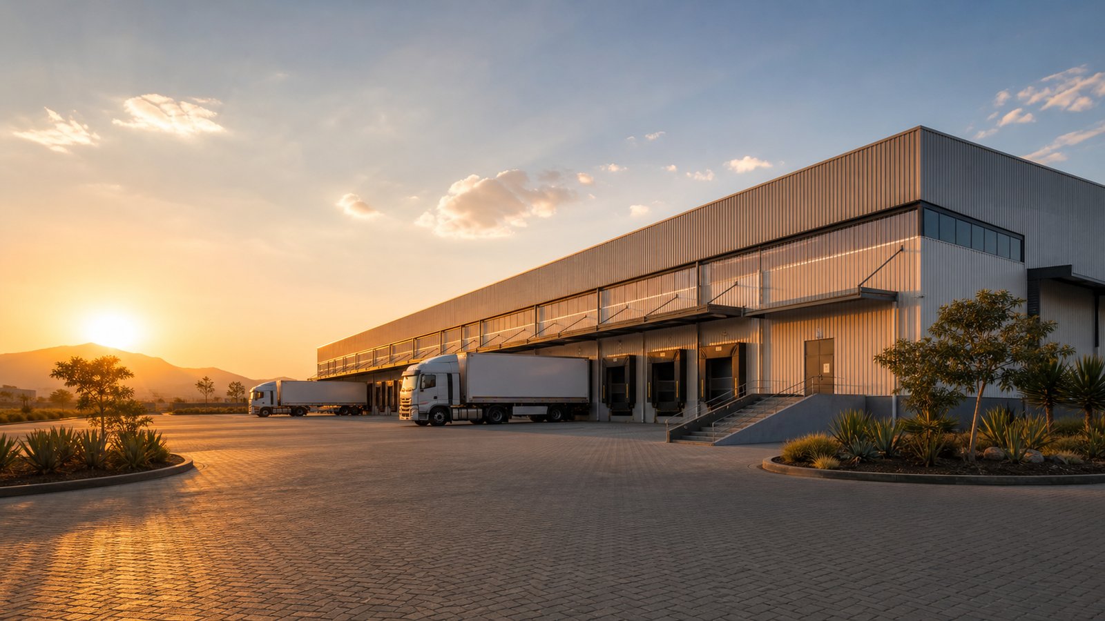Modern warehouse with trucks at sunset