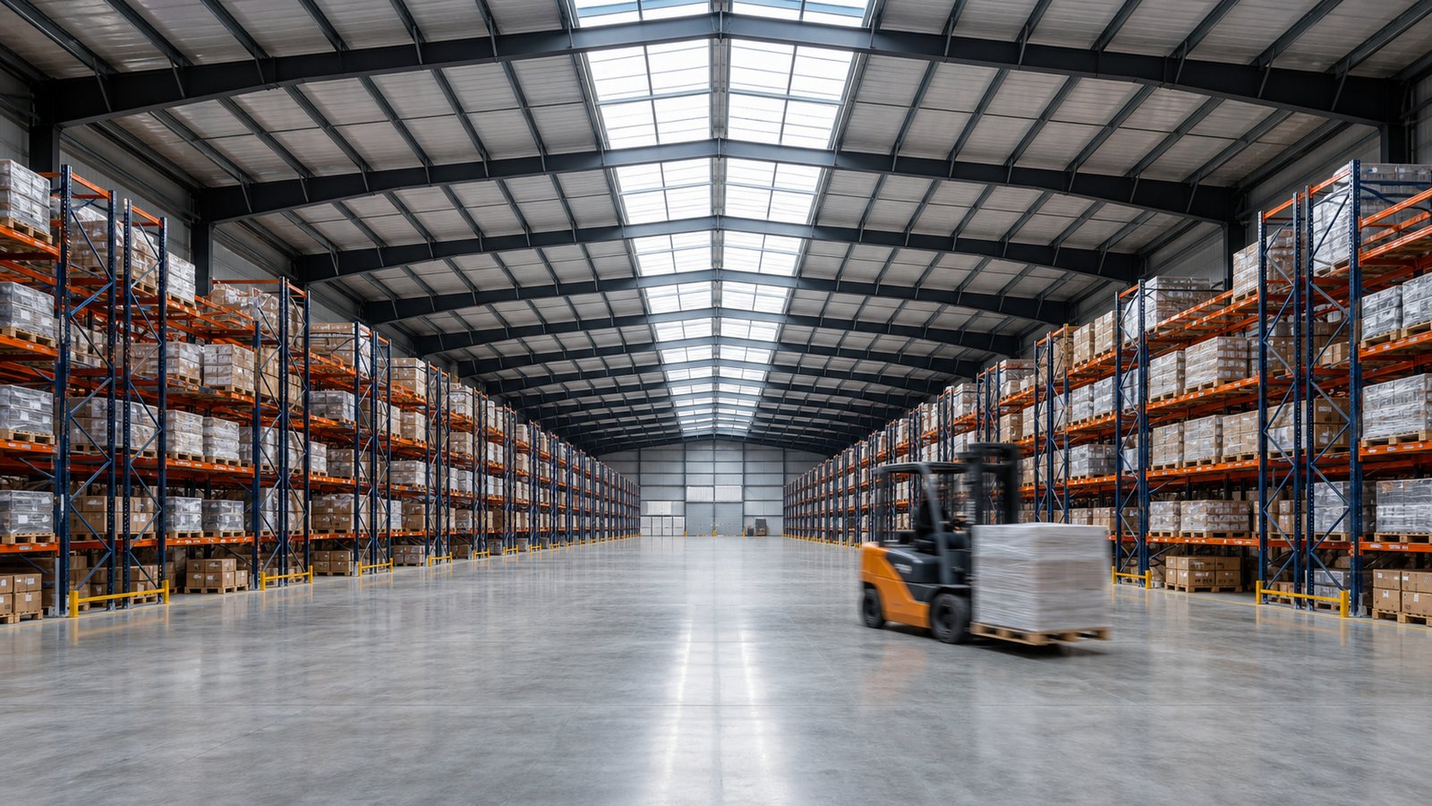 Column-free steel warehouse interior with full-height racking