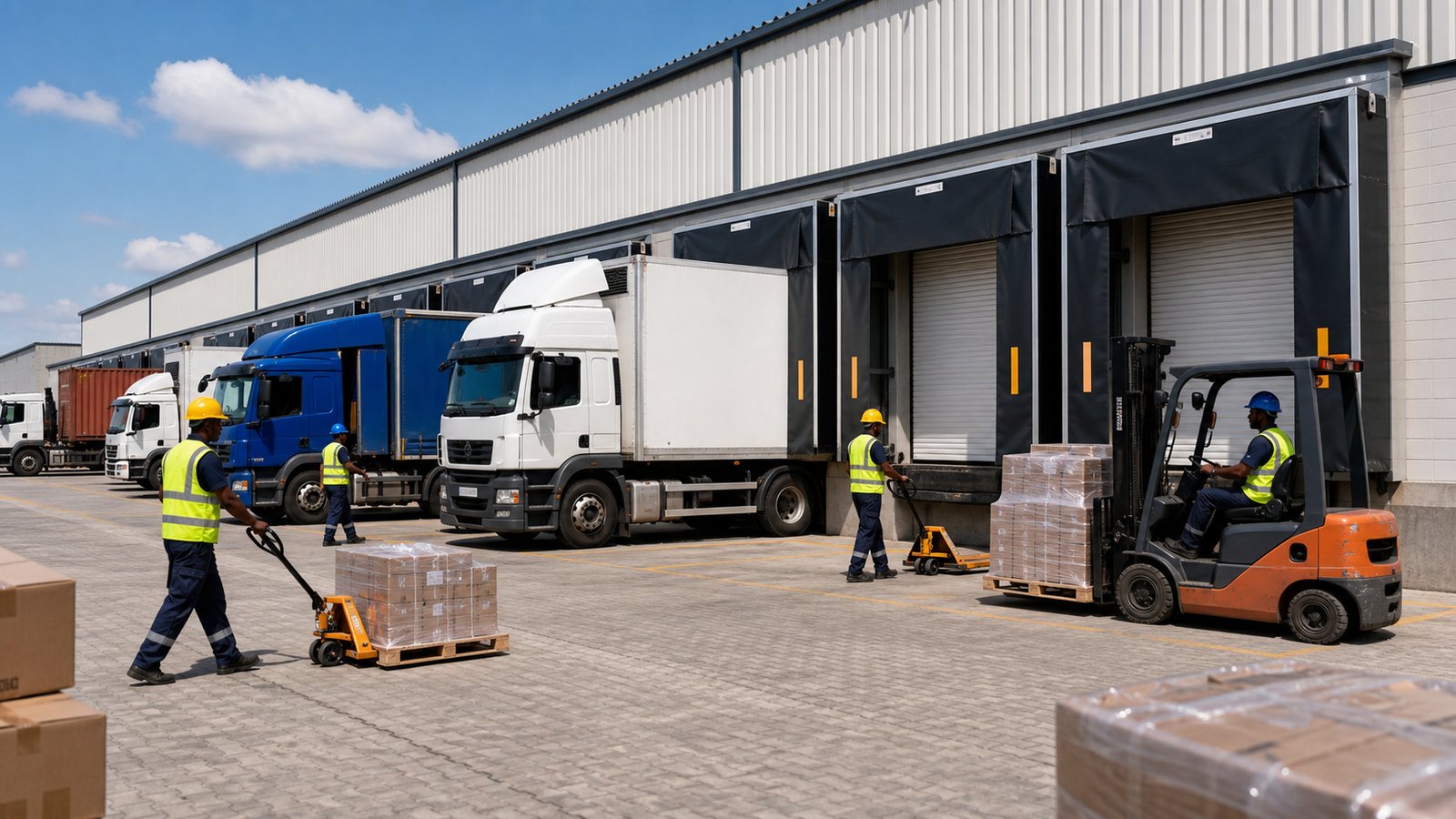 Trucks at loading docks with forklifts moving pallets